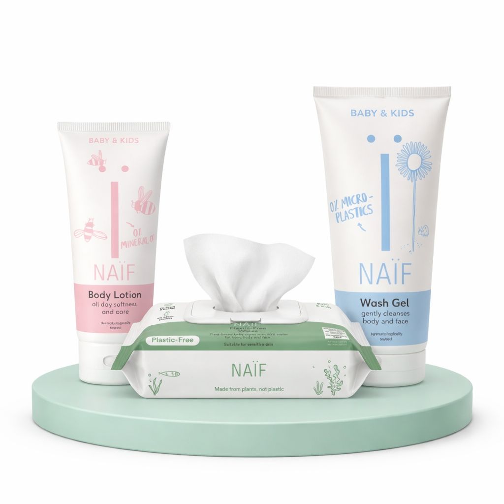 Pack #1. Contiene 1 Crema Corporal de 75ml, 1 Gel de Baño de 100ml y 1 Paquete de Toallitas Húmedas de Agua.
